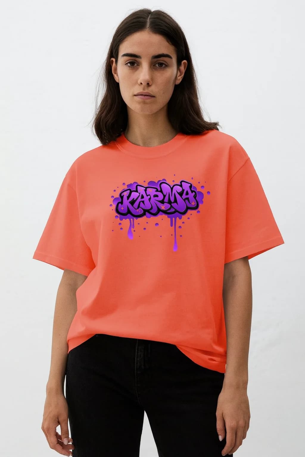 karma graffiti women's oversized half sleeve orange tee